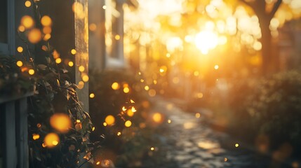 Naklejka premium Enchanting golden hour illuminating a serene pathway with bokeh lights
