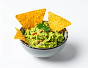 Guacamole in a blue bowl with tortilla chips, cilantro, and red onion on a white background