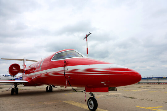 A Bombardier Learjet 75 aircraft is presented to the visiting public at an airshow and used by the SMURD. Romania, Bucharest, May 2024.