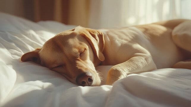 Adorable golden labrador puppy sleeping peacefully on soft white bedding dog pet nap cute calm cozy