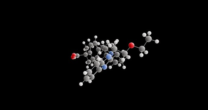 Bilastine molecule, rotating 3D model of antihistamine medication, looped video on a black background