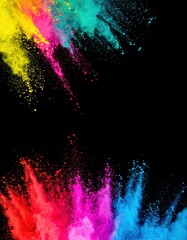 A vibrant explosion of multicolored powder bursts against a deep black background, creating a stunning contrast that highlights the vivid hues and dynamic movement.