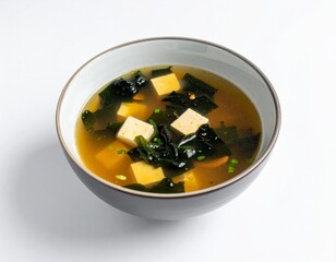 Savory soup with tofu and seaweed in a bowl, light broth