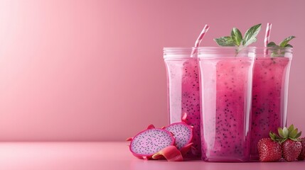 Refreshing and Colorful Dragon Fruit Smoothie in Transparent Cups on Pink Background
