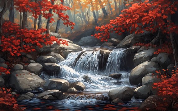 Waterfall cascades amidst the autumn foliage, creating a serene filled with vibrant red leaves