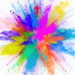 A vibrant explosion of colored powders bursts against a pristine white background, creating a dynamic and lively display of swirling hues and textures.