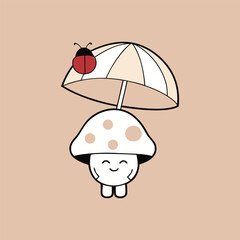 Cute mushroom character with umbrella and ladybug cartoon illustration vector