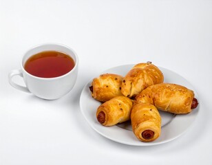 Croissant-wrapped sausages next to tea