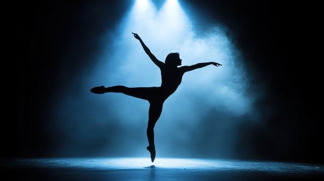 Ethereal ballerina silhouette dances in a smoky, atmospheric spotlight