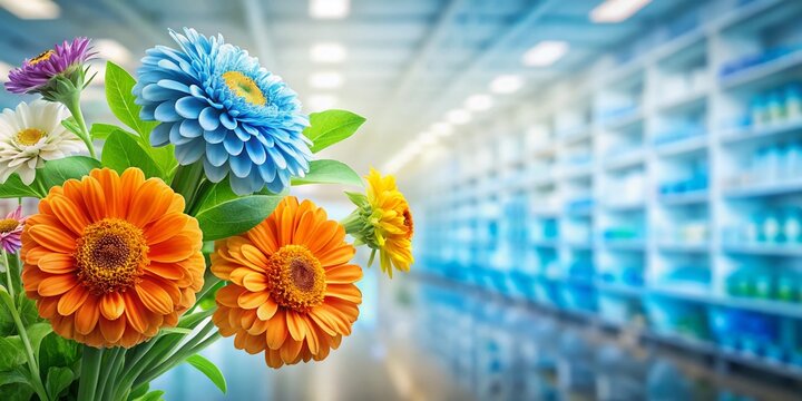 Bright Colorful Zinnia & Daisy Flowers Hand Drawn Illustration with Blurred Supermarket Background - Inflation & Consumer Goods Concept