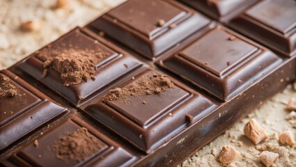 Close-up of dark chocolate bar dusted with cocoa powder and surrounded by small pieces of toffee