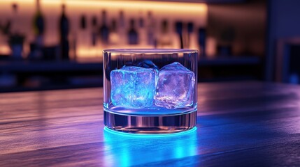 Brightly Lit Glass with Ice Cubes on Wooden Table in Modern Bar Setting at Night