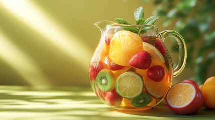 Colorful Fruit Infused Water with Citrus, Berries, and Mint in a Glass Pitcher on a Bright Background