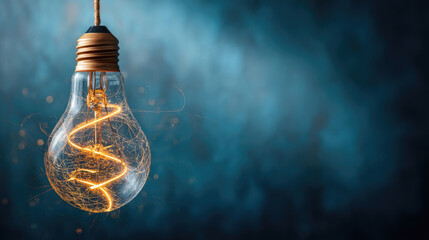 Glowing lightbulb with filament illuminating against a blurred blue background