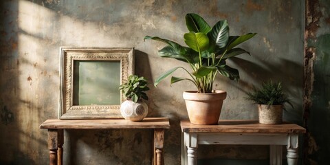 A rustic wooden table with two plants and a vintage frame against a textured wall. The sun casts shadows on the wall, adding depth and warmth.