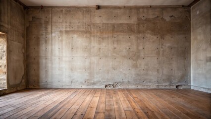A spacious, minimalist interior with a rough concrete wall and a wood floor, revealing a sense of unfinished potential.