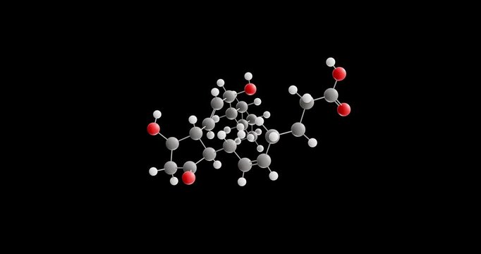Prostaglandin E2 molecule, rotating 3D model of abortifacient agents, looped video on a black background