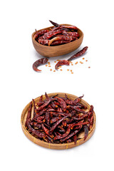 Collection of dried red chili pepper on white background.