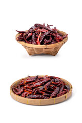 Dried red chili pepper on woven basket isolated on white background.