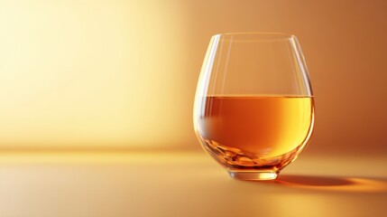 Elegant glass of amber liquid on a smooth surface with warm golden background and soft natural lighting