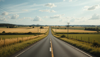 Driving Down a Country Road Surrounded by Fields on a Sunny Day