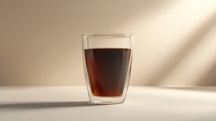 Clear glass cup filled with dark coffee standing on a minimalistic surface illuminated by soft light