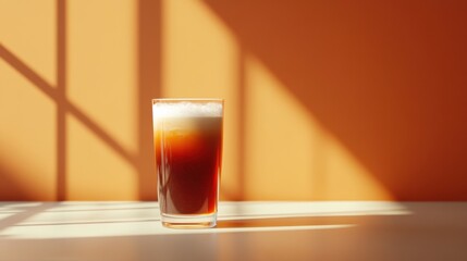 Refreshing glass of cold beverage on a minimalist surface with warm sunlight illuminating a modern interior space