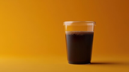 Refreshing Dark Beverage in a Transparent Cup Against a Bright Yellow Background