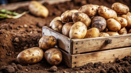 A freshly harvested crate of potatoes sits on a bed of rich, brown soil, showcasing the earthy essence of the harvest.