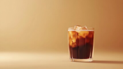 Refreshing iced beverage with ice cubes in clear glass against a warm golden background, perfect for summer relaxation