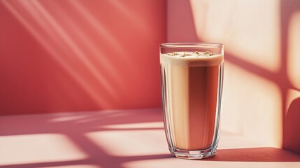 Freshly Brewed Coffee in a Clear Glass on a Pink Background with Soft Shadows and Light Reflections