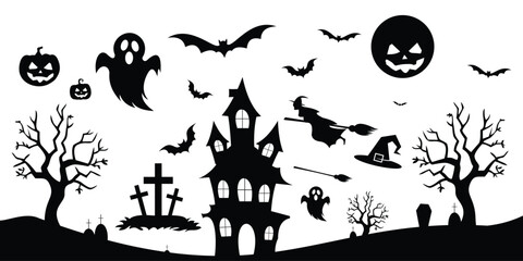 Top set icon halloween logo design shilouete , haunted house