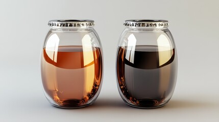 Glass jars with liquid in amber and dark colors on a light background, perfect for culinary and beverage themes