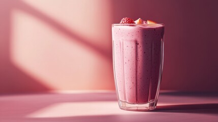 Refreshing Pink Smoothie with Raspberries and Fresh Fruits in a Stylish Glass on a Soft Background