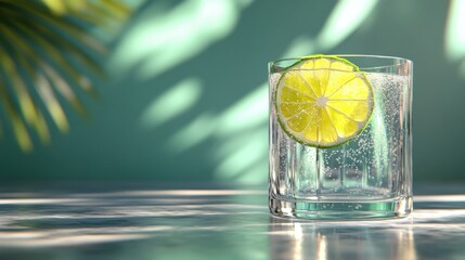 Refreshing Sparkling Water with Lime Slice in a Clear Glass on a Bright Tropical Background