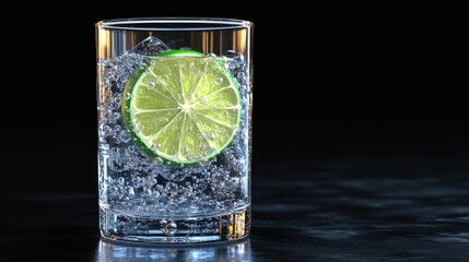 Fresh Lime Slice in Clear Glass with Sparkling Water and Bubbles on Dark Background