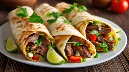 Three Delicious Beef Burritos Served on White Plate Close Up Food Photography on Wooden Background