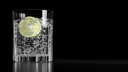 Refreshing Sparkling Water with Lime Slice in Clear Glass on Black Background