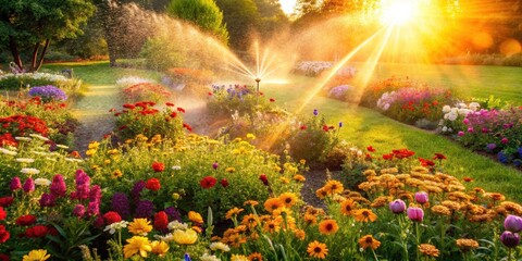 A vibrant garden bathed in golden sunlight, as a sprinkler system gently showers the colorful blooms with water, creating a picturesque scene of nature's beauty.