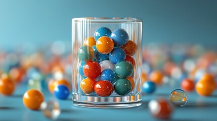 Colorful Marbles in a Glass Jar on a Light Blue Background with Additional Marbles Scattered Around