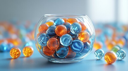 Colorful glass marbles in transparent bowl on blue surface with scattered reflections and artistic arrangement