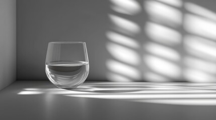 Glass of Water on a Minimalist Surface with Soft Light and Shadow Patterns Creating an Elegant Atmosphere