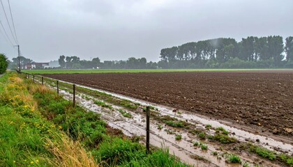 Obraz premium Agricultural Landscape with Wet Ground and Overcast Sky Conditions