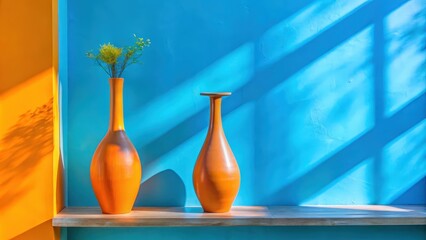 Two orange ceramic vases on a wooden shelf against a blue wall with light streaming through a window creating shadows