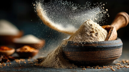 Flour erupts from wooden bowl, scattering as cooking ingredient. Other bowls visible