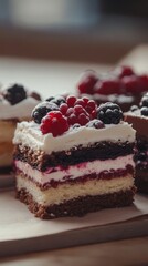 Close-up of Delicious Layered Cake with Fresh Berries and Creamy Frosting on Wooden Board in Natural Light