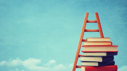 Books and ladder reaching for sky, motivational concept, education and growth