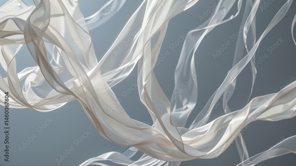 Poster long flowing translucent ribbons floating in the air with soft light and smooth texture design