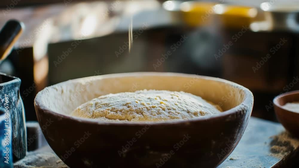 Poster a simple bowl filled with white flour sitting on a table surface