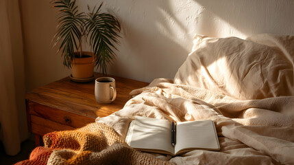 Cozy Bedroom Morning Still Life with Bed, Open Journal, Coffee Mug, and Houseplant in Warm Light